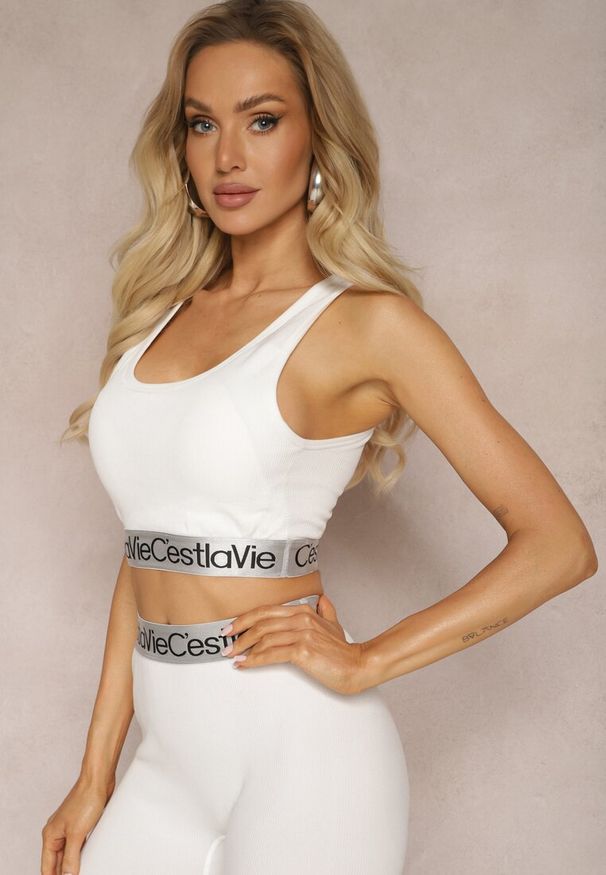 Renee - Biały Top Sportowy Biustonosz Elastyczny Prążkowany z Ozdobną Gumą Waslema. Kolor: biały. Materiał: guma, prążkowany. Styl: sportowy