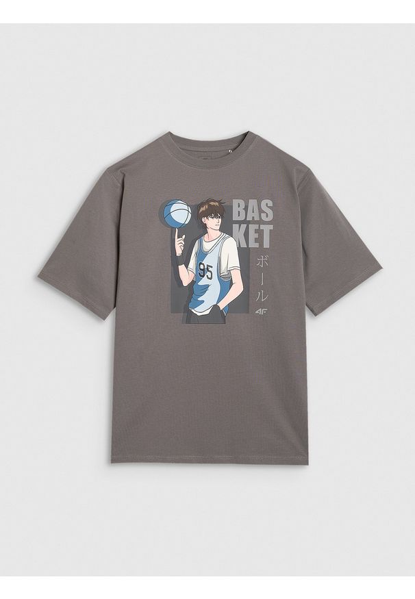 4f - 4F T-shirt oversize z nadrukiem chłopięcy - szary 158 (12-13 lat). Okazja: na co dzień. Kolor: szary. Materiał: jersey, materiał, bawełna. Wzór: nadruk. Sezon: lato. Styl: klasyczny, sportowy, casual