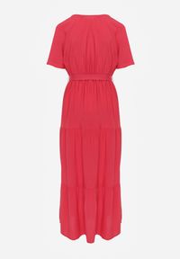 Renee - Czerwona Rozkloszowana Sukienka z Falbanką i Wiązanym Paskiem Adotine. Kolor: czerwony. Materiał: materiał. Sezon: wiosna, lato #8