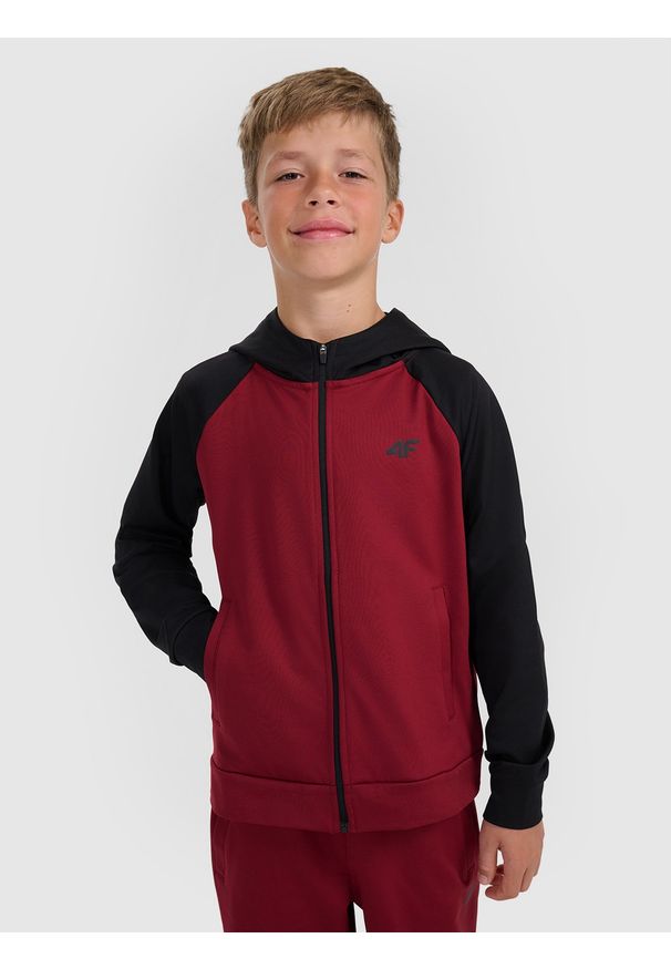 4f - 4F Bluza sportowa rozpinana z kapturem chłopięca - burgundowa 134/140 (8-10 lat). Okazja: na co dzień. Typ kołnierza: kaptur. Kolor: czerwony. Materiał: dzianina, skóra. Sezon: lato. Styl: sportowy