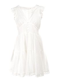 Born2be - Biała Sukienka Agniga. Typ kołnierza: kołnierz z falbankami, dekolt w kształcie V. Kolor: biały. Materiał: bawełna, materiał, koronka. Wzór: haft, koronka. Długość: mini #6