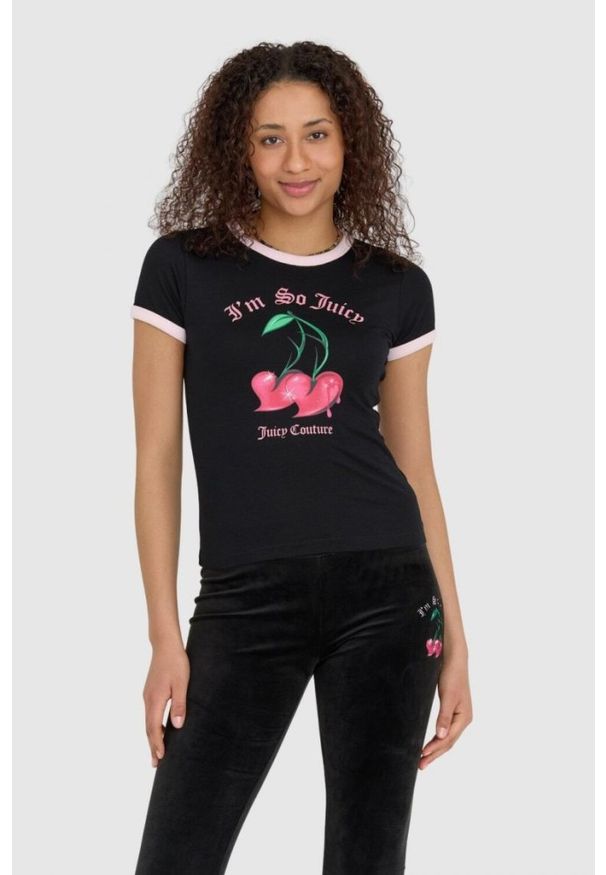 Juicy Couture - JUICY COUTURE Czarny t-shirt damski z wisienkami, Rozmiar S. Kolor: czarny