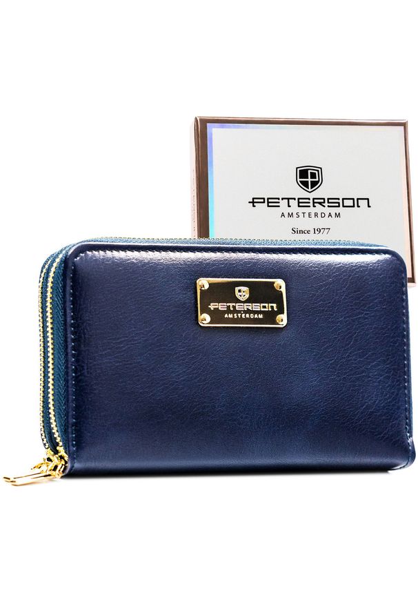 Granatowy portfel damski w typie piórnika ze skóry ekologicznej zamykany suwakiem - Peterson. Kolor: niebieski. Materiał: skóra ekologiczna