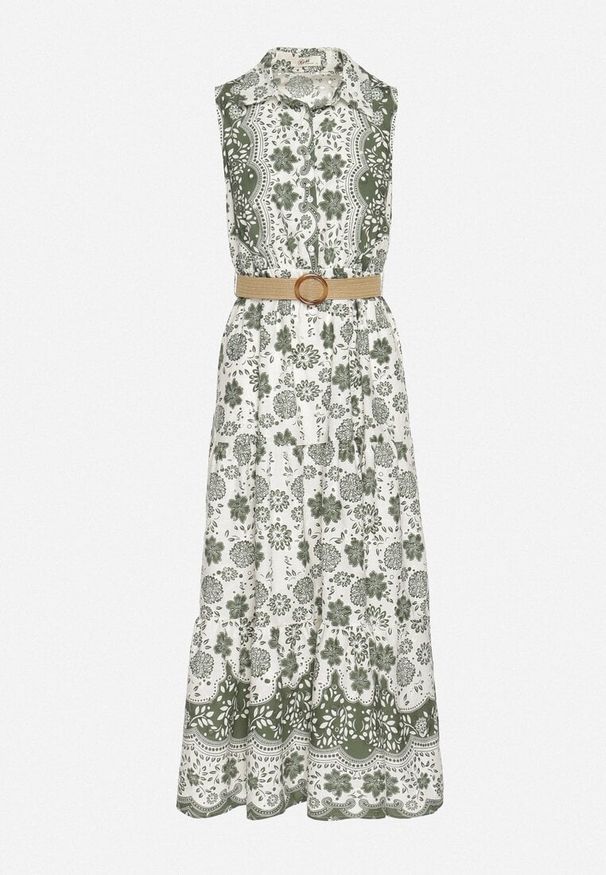 Born2be - Zielona Bawełniana Sukienka o Koszulowym Kroju Bez Rękawów z Paskiem Mirulenia. Okazja: na co dzień. Typ kołnierza: dekolt w kształcie V. Kolor: zielony. Materiał: bawełna. Długość rękawa: bez rękawów. Wzór: kwiaty, haft, aplikacja. Typ sukienki: koszulowe. Styl: casual