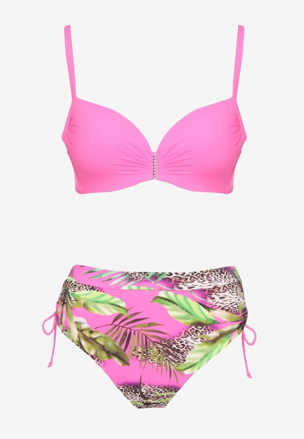 Renee - Fuksjowe Bikini z Motywem Roślinnym Biustonosz i Majtki Figi ze Ściągaczami Sadorene. Kolor: różowy. Wzór: aplikacja