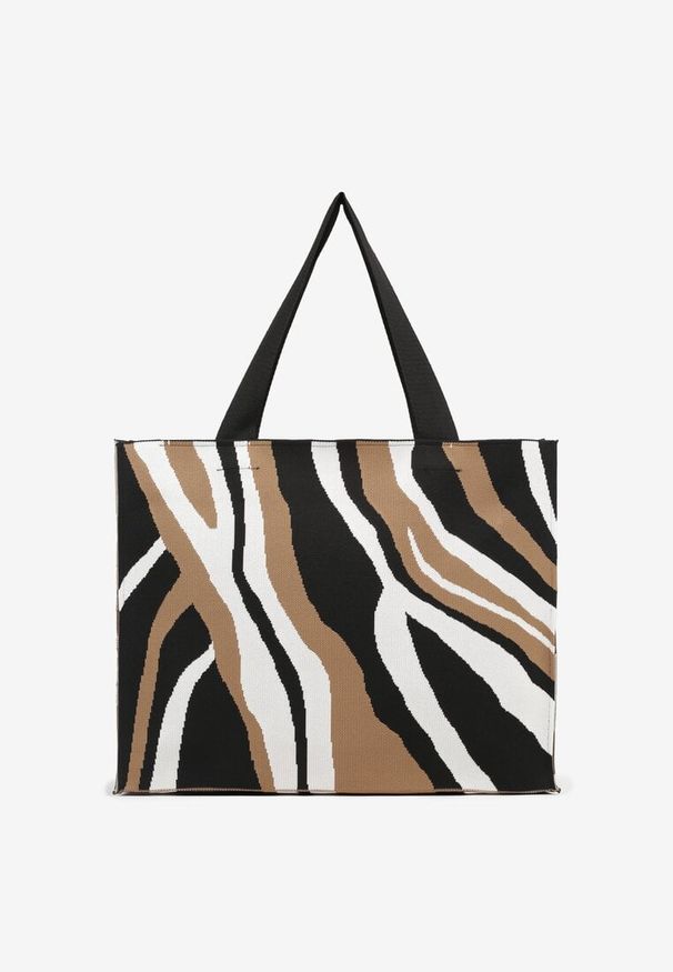 Born2be - Brązowa Torebka Shopper z Suwakiem w Abstrakcyjny Print Salidrea. Kolor: brązowy. Wzór: nadruk. Styl: klasyczny, elegancki