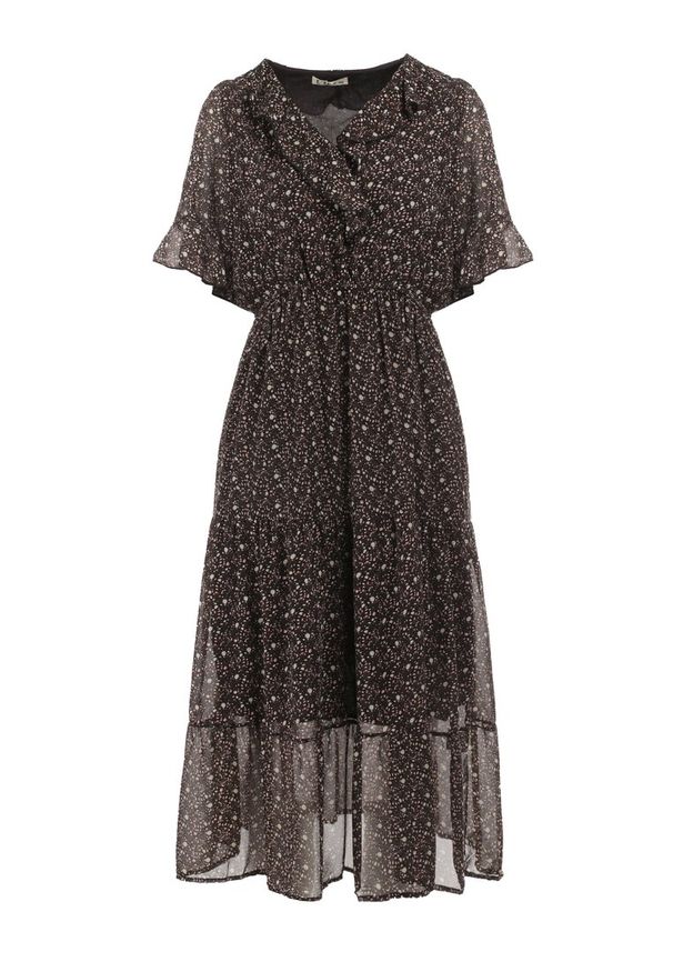 Born2be - Czarna Sukienka Koti. Typ kołnierza: kołnierz z falbankami. Kolor: czarny. Materiał: tkanina. Długość rękawa: krótki rękaw. Wzór: kwiaty, nadruk, aplikacja. Długość: midi