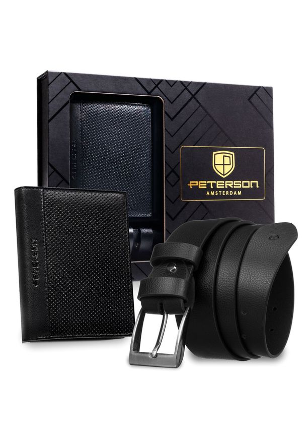 Zestaw prezentowy: skórzany, pionowy portfel męski w czarnym kolorze bez zapięcia i czarny pasek ze skóry ekologicznej - Peterson. Kolor: czarny. Materiał: skóra ekologiczna