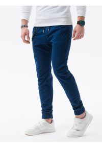 Ombre Clothing - Spodnie męskie materiałowe JOGGERY z ozdobnym sznurkiem - granatowe V9 P908 - XXL. Kolor: niebieski. Materiał: materiał #3