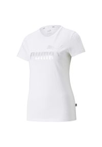 Koszulka damska sportowa Puma ESS+ Metallic Logo. Kolor: wielokolorowy, biały, szary. Długość rękawa: krótki rękaw. Długość: krótkie