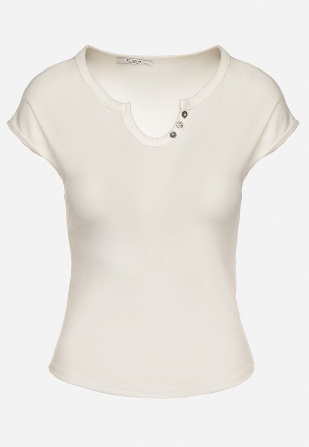 Born2be - Biały T-shirt o Dopasowanym Kroju z Wycięciem i Guzikami przy Dekolcie Ballirea. Okazja: na co dzień. Kolor: biały. Materiał: jeans. Wzór: aplikacja. Styl: elegancki, casual