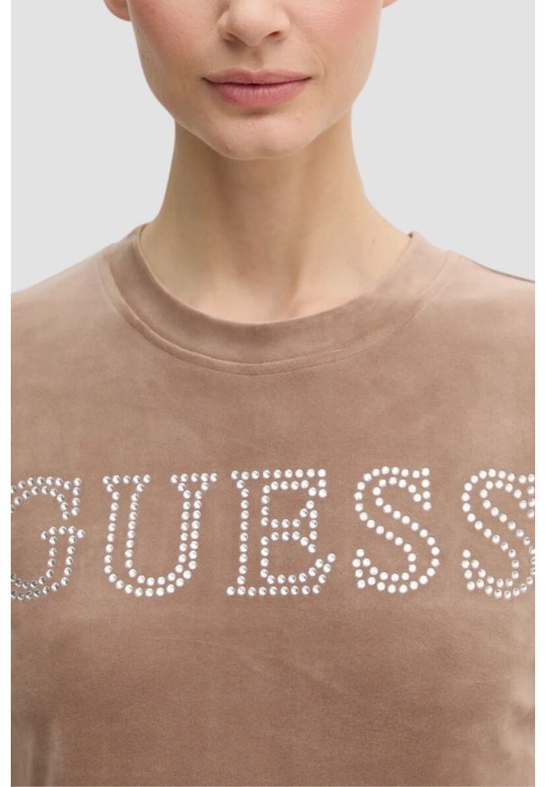Guess - GUESS Brązowy top damski Couture Tee. Kolor: brązowy