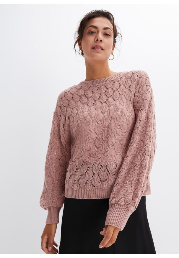 bonprix - Sweter ażurowy. Kolor: różowy. Wzór: ażurowy