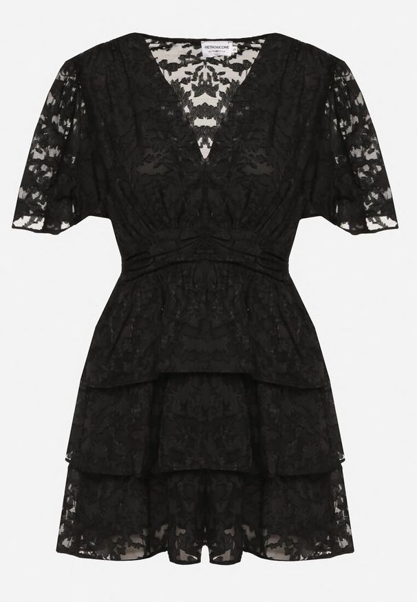 Born2be - Czarna Rozkloszowana Sukienka z Trójkątnym Dekoltem z Gumką w Pasie i Falbankami Crapia. Okazja: na spacer. Typ kołnierza: kołnierz z falbankami. Kolor: czarny. Długość rękawa: krótki rękaw. Styl: wizytowy