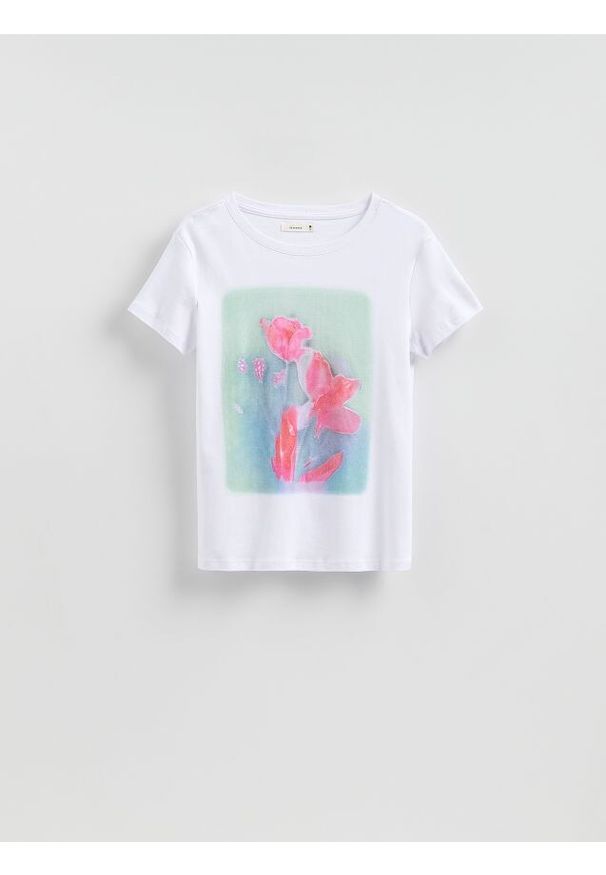 Reserved - T-shirt z nadrukiem - biały. Kolor: biały. Materiał: dzianina, bawełna. Wzór: nadruk