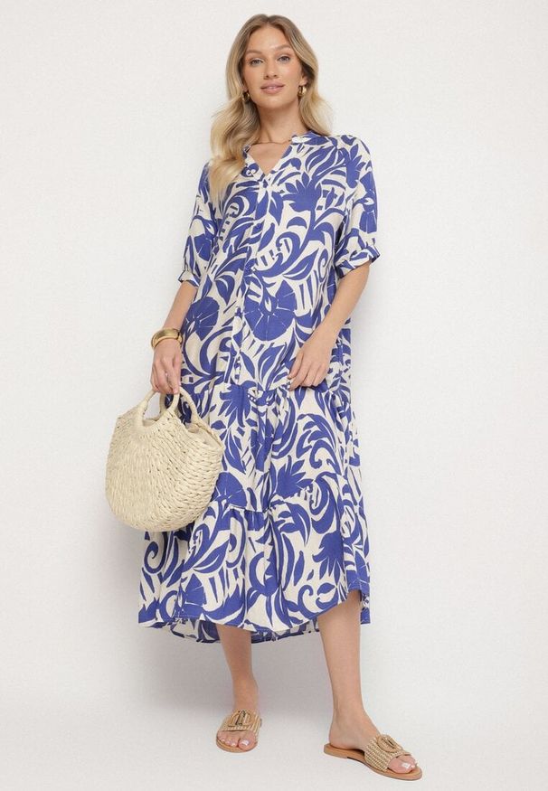 Born2be - Niebieska Wiskozowa Rozkloszowana Sukienka z Falbaną Filindania. Okazja: na co dzień. Kolor: niebieski. Materiał: wiskoza. Styl: elegancki, casual