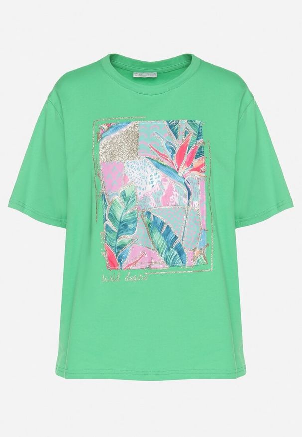 Born2be - Zielony Bawełniany T-shirt z Ozdobnym Nadrukiem Delmari. Okazja: na co dzień, na spacer. Kolor: zielony. Materiał: bawełna. Wzór: nadruk. Styl: klasyczny, casual