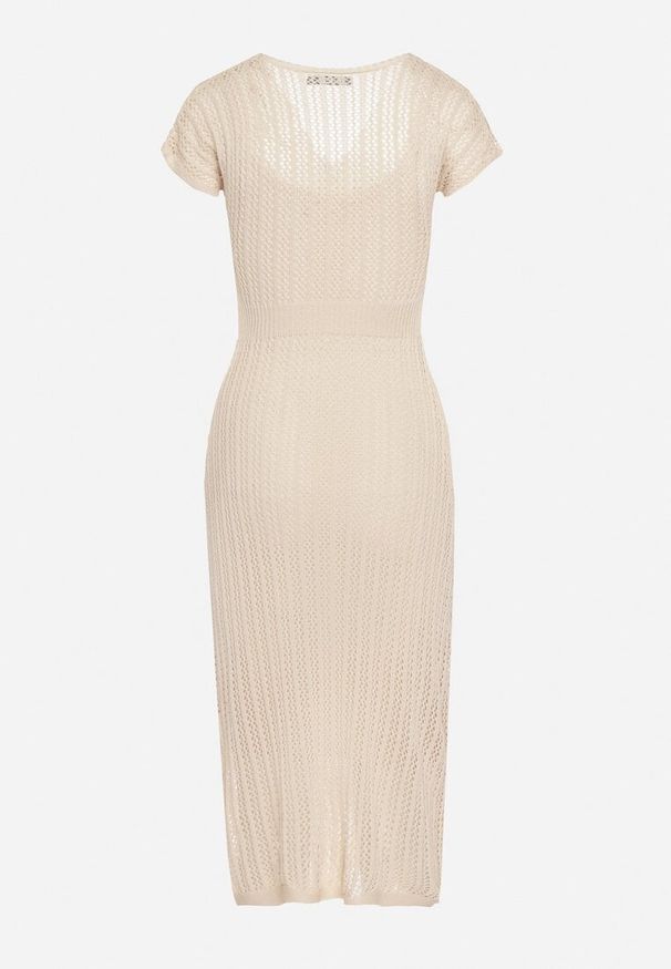 Born2be - Jasnobeżowa Ażurowa Sukienka z Krótkim Rękawem i Halką Zeliana. Kolor: beżowy. Materiał: jeans. Długość rękawa: krótki rękaw. Wzór: ażurowy. Styl: wizytowy, elegancki