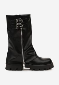 Born2be - Czarne Botki Biker z Cholewką Imitującą Nogawkę z Suwakiem i Sprzączkami Vestante. Zapięcie: sprzączka. Kolor: czarny. Materiał: jeans. Szerokość cholewki: normalna #5