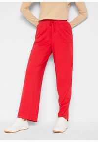 bonprix - Spodnie sportowe bawełniane, szerokie nogawki. Kolor: czerwony. Materiał: bawełna. Styl: sportowy