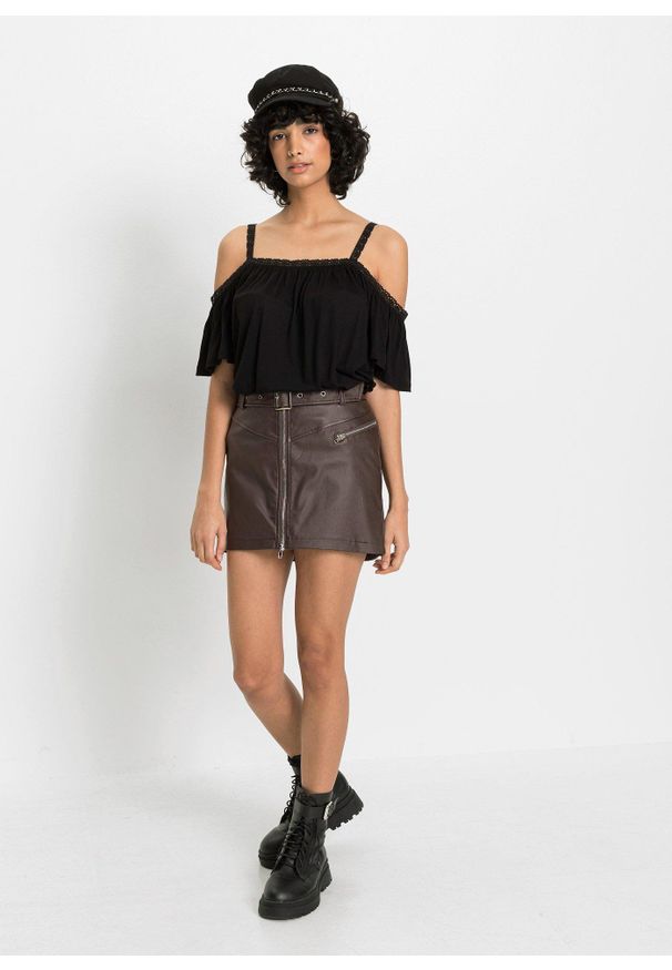 bonprix - T-shirt z odkrytymi ramionami z miękkiej wiskozy. Kolor: czarny. Materiał: wiskoza, koronka. Wzór: koronka