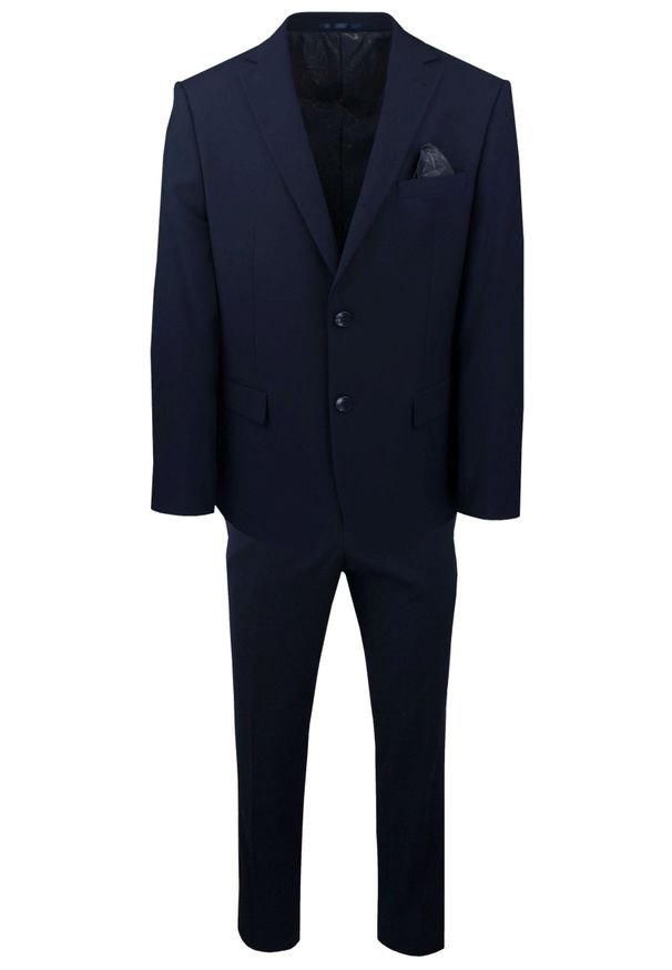 Taliowany Garnitur Męski - Victorio - Granatowy. Kolor: niebieski. Materiał: poliester, wiskoza, elastan. Wzór: gładki