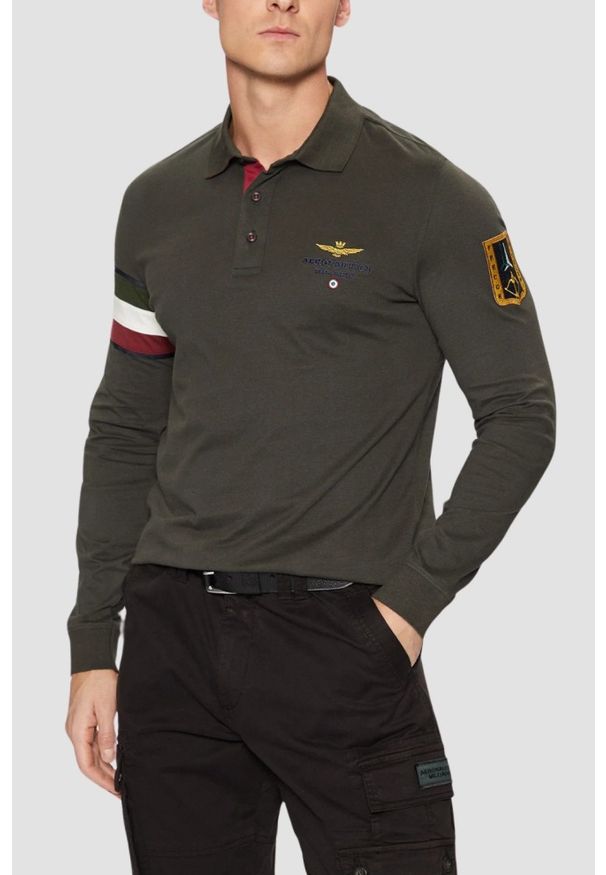 Aeronautica Militare - AERONAUTICA MILITARE Szarozielony męski longsleeve polo Tricolor, Rozmiar M. Typ kołnierza: polo. Kolor: zielony. Materiał: jersey. Długość rękawa: długi rękaw