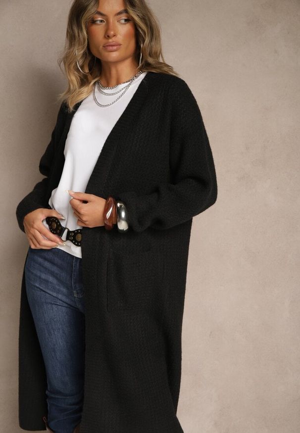 Renee - Czarny Długi Kardigan Niezapinany z Bawełną Ferrive. Okazja: na co dzień. Kolor: czarny. Materiał: bawełna. Długość: długie. Styl: casual