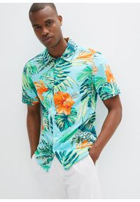 bonprix - Koszula z krótkim rękawem z czystej bawełny. Kolor: niebieski. Materiał: bawełna. Długość rękawa: krótki rękaw. Długość: krótkie. Wzór: nadruk #1