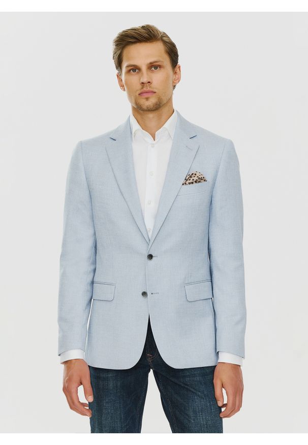 Pako Lorente - PAKO LORENTE – Niebieska marynarka męska. Okazja: na co dzień. Kolor: niebieski. Materiał: jeans. Wzór: gładki. Styl: sportowy, casual