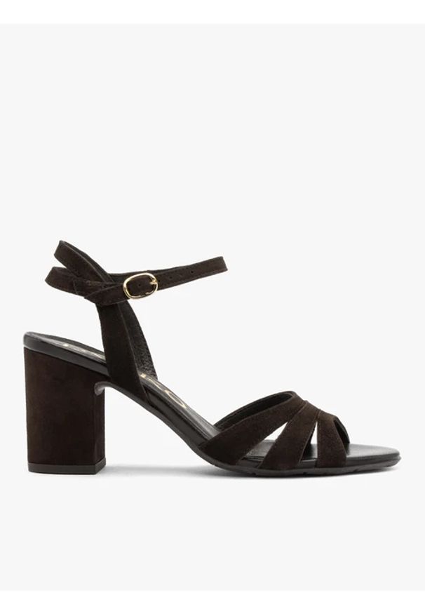 Ryłko - Ciemnobrązowe sandały damskie na obcasie. Okazja: na co dzień. Zapięcie: sprzączka. Kolor: brązowy. Materiał: skóra, welur. Obcas: na obcasie. Styl: casual, street. Wysokość obcasa: wysoki
