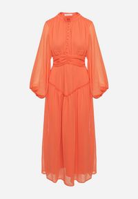 Born2be - Pomarańczowa Długa Sukienka Koktajlowa w Stylu Retro z Plisami i Stójką Leowia. Typ kołnierza: kołnierzyk stójkowy. Kolor: pomarańczowy. Styl: retro, wizytowy. Długość: maxi #7