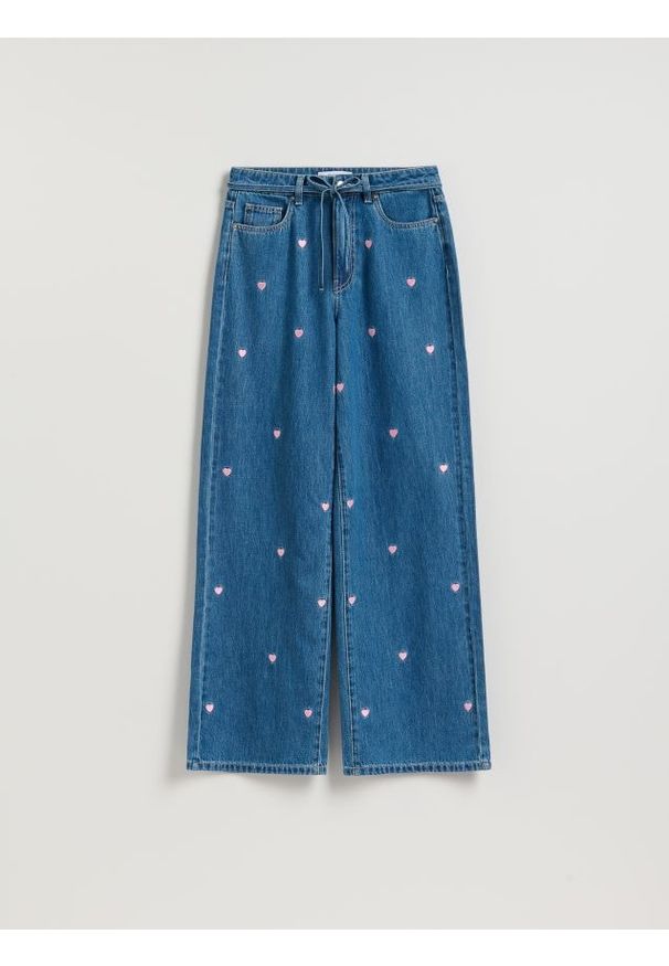 Reserved - Jeansy wide leg z haftem - niebieski. Kolor: niebieski. Wzór: haft