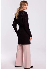 Sukienki.shop - Długi kardigan ażurowy sweter z paskiem czarny. Kolor: czarny. Długość: długie. Wzór: ażurowy #3