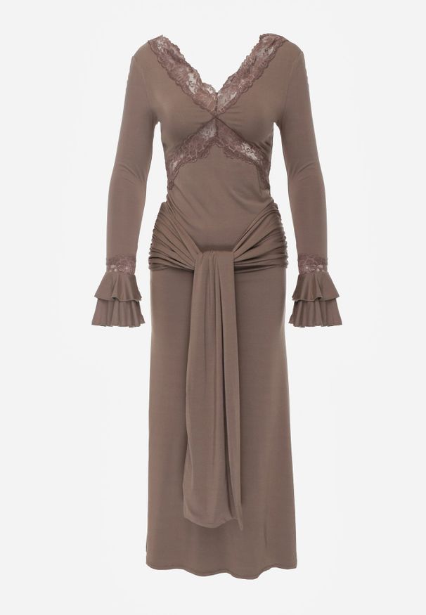 Born2be - Brązowa Koktajlowa Sukienka z Wiskozy Zdobiona Falbanami Koronką i Wiązaniem Felycia. Okazja: na komunię, na wesele, na ślub cywilny. Kolor: brązowy. Materiał: wiskoza, koronka. Wzór: aplikacja, koronka. Styl: wizytowy