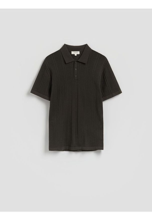 Reserved - Ażurowa koszulka polo - ciemnozielony. Typ kołnierza: polo. Kolor: zielony. Materiał: bawełna, dzianina. Wzór: ażurowy