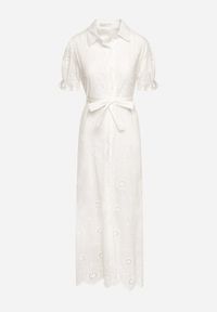 Born2be - Biała Koszulowa Sukienka z Ażurowym Haftem i Bufiastymi Rękawami Lieve. Okazja: na co dzień. Kolor: biały. Materiał: materiał. Wzór: ażurowy, haft. Typ sukienki: koszulowe. Styl: casual, elegancki #5