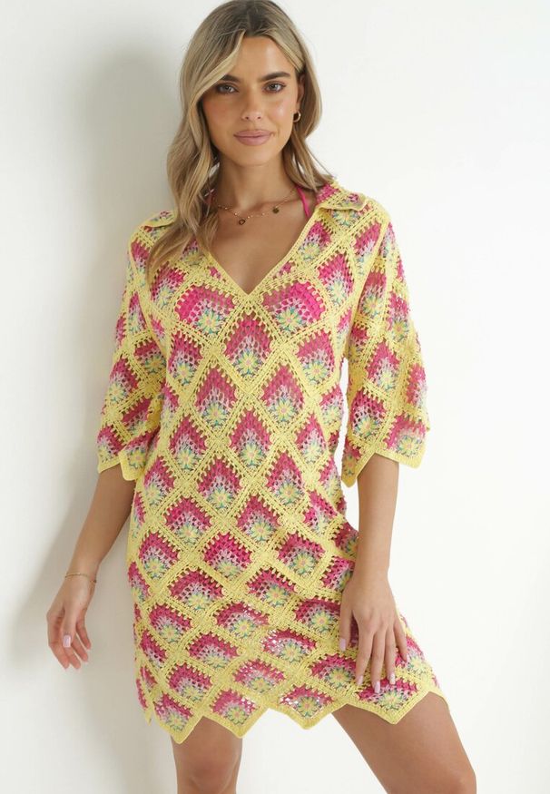 Born2be - Żółto-Fuksjowa Pudełkowa Sukienka Mini z Głębokim Dekoltem z Szydełkowej Bawełny Cristel. Kolor: żółty. Materiał: bawełna. Styl: boho. Długość: mini