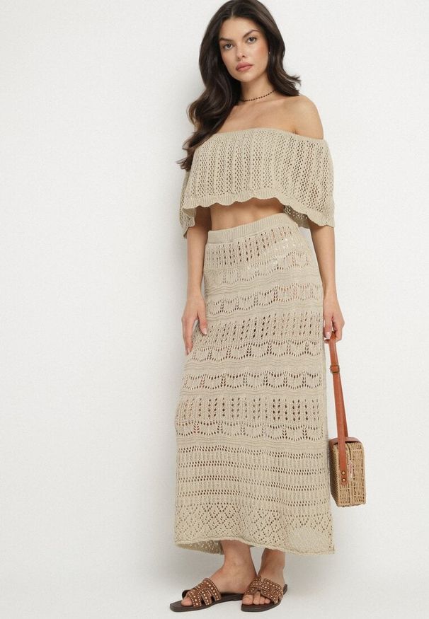 Born2be - Beżowy Haftowany Komplet z Bawełną Top Typu Hiszpanka i Spódnica Folidra. Kolor: beżowy. Materiał: bawełna. Wzór: haft