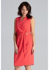 Lenitif - Elegancka ołówkowa kopertowa sukienka kimonowa koralowa. Okazja: do pracy. Typ kołnierza: dekolt kopertowy. Kolor: pomarańczowy. Typ sukienki: ołówkowe, kopertowe. Styl: elegancki #1