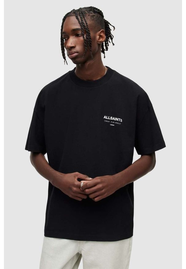 AllSaints t-shirt bawełniany kolor czarny z nadrukiem. Kolor: czarny. Materiał: bawełna. Długość rękawa: krótki rękaw. Długość: krótkie. Wzór: nadruk