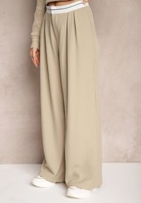 Renee - Beżowe Spodnie z Wiskozy Palazzo High Waist Zapinane na Suwak Nellieva. Okazja: na co dzień. Stan: podwyższony. Kolor: beżowy. Materiał: wiskoza. Styl: casual #4