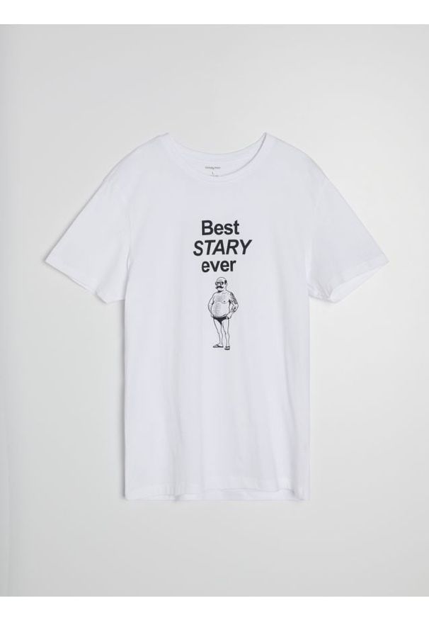 Sinsay - Bawełniana koszulka z nadrukiem - biały. Kolor: biały. Materiał: bawełna. Wzór: nadruk