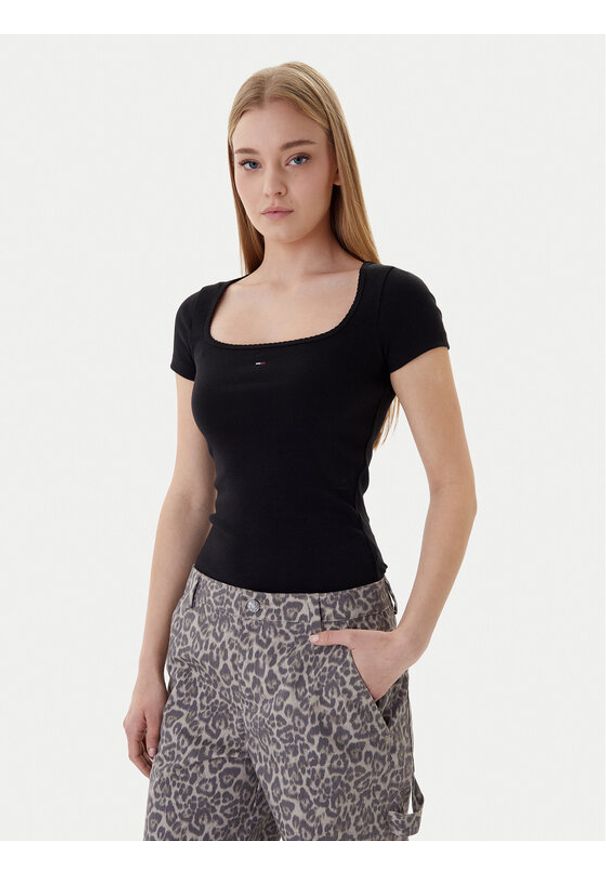 Tommy Jeans T-Shirt DW0DW21837 Czarny Slim Fit. Kolor: czarny. Materiał: bawełna