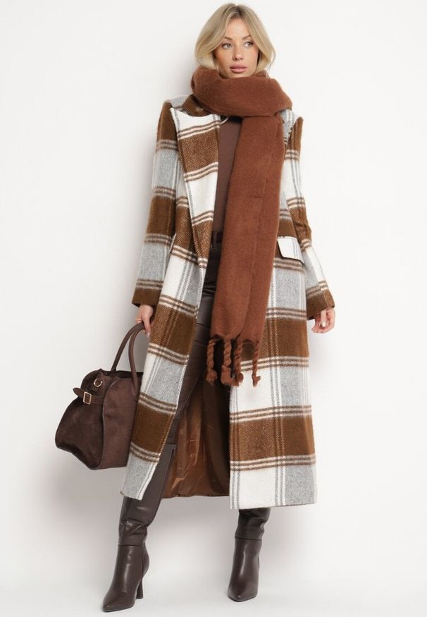 Born2be - Brązowy Płaszcz w Kratę Bez Zapięć ze Wsuwanymi Kieszeniami Fibolie. Okazja: na co dzień. Kolor: brązowy. Materiał: jeans. Styl: elegancki, casual