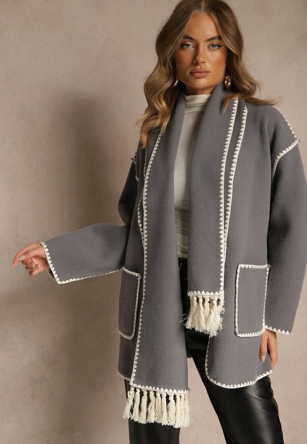 Renee - Szara Kurtka Oversize z Szalikiem i Ozdobnymi Przeszyciami Claritila. Okazja: na co dzień. Kolor: szary. Materiał: jeans. Styl: casual