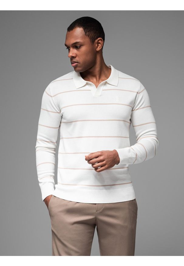 Ombre Clothing - Męski longsleeve polo w poziome paski z wiskozą – biało-beżowy V4 - Rozmiar: L. Okazja: do pracy, na co dzień. Typ kołnierza: polo. Kolor: biały. Materiał: wiskoza. Długość rękawa: długi rękaw. Długość: długie. Wzór: paski. Styl: casual, elegancki