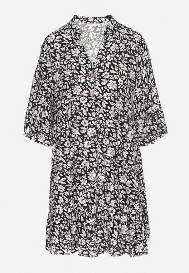 Born2be - Czarna Bawełniana Sukienka w Kwiaty o Rozkloszowanym Kroju Jenaleira. Okazja: na co dzień. Typ kołnierza: dekolt w serek. Kolor: czarny. Materiał: bawełna. Długość rękawa: krótki rękaw. Wzór: kwiaty. Styl: casual, klasyczny