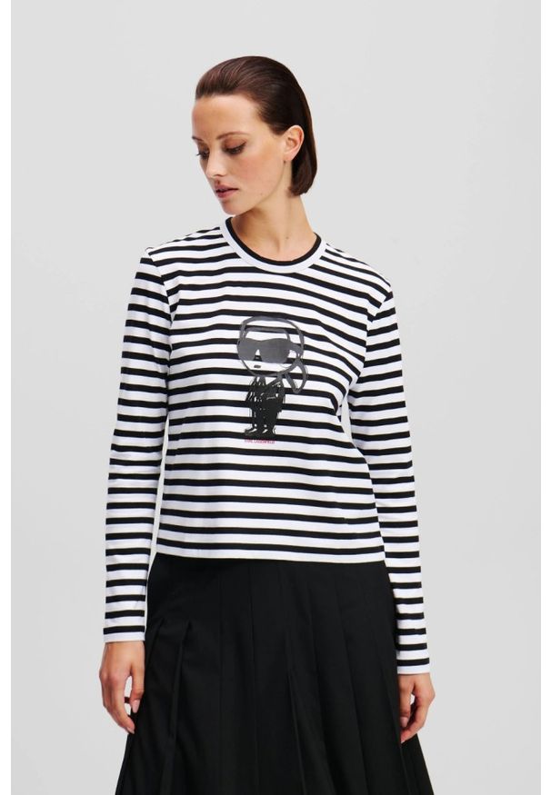 Karl Lagerfeld - KARL LAGERFELD Czarny damski lonsgleeve Ikon Print Stripe, Rozmiar S. Kolor: czarny. Materiał: materiał. Długość rękawa: długi rękaw. Wzór: nadruk. Styl: elegancki