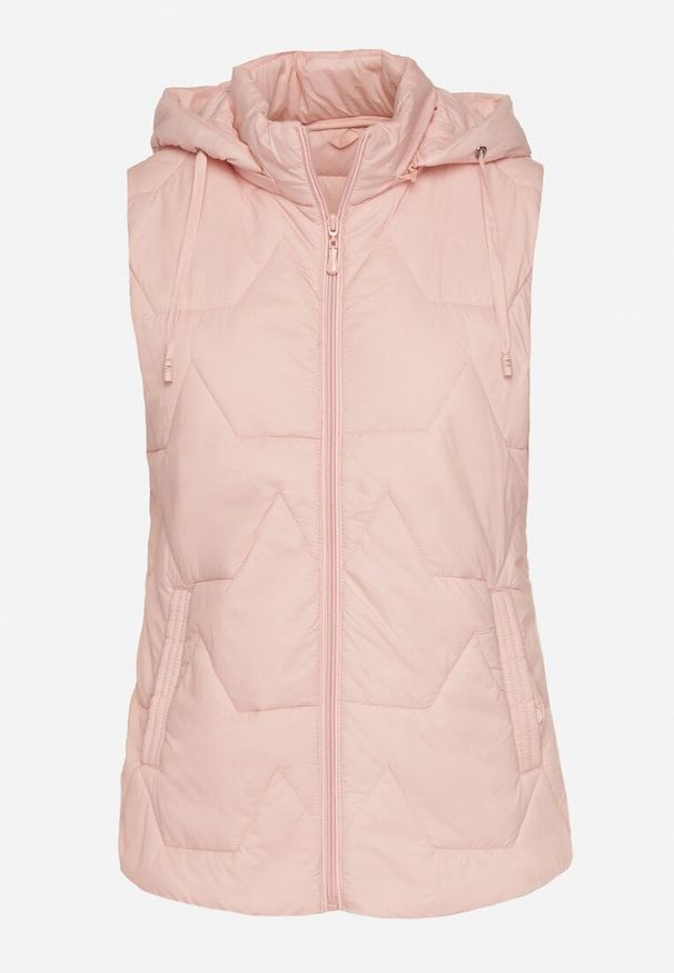 Born2be - Różowa Kamizelka z Geometrycznym Pikowaniem i Kapturem Koridi. Okazja: na co dzień, na spacer. Kolor: różowy. Materiał: jeans. Wzór: geometria. Styl: casual, sportowy, klasyczny